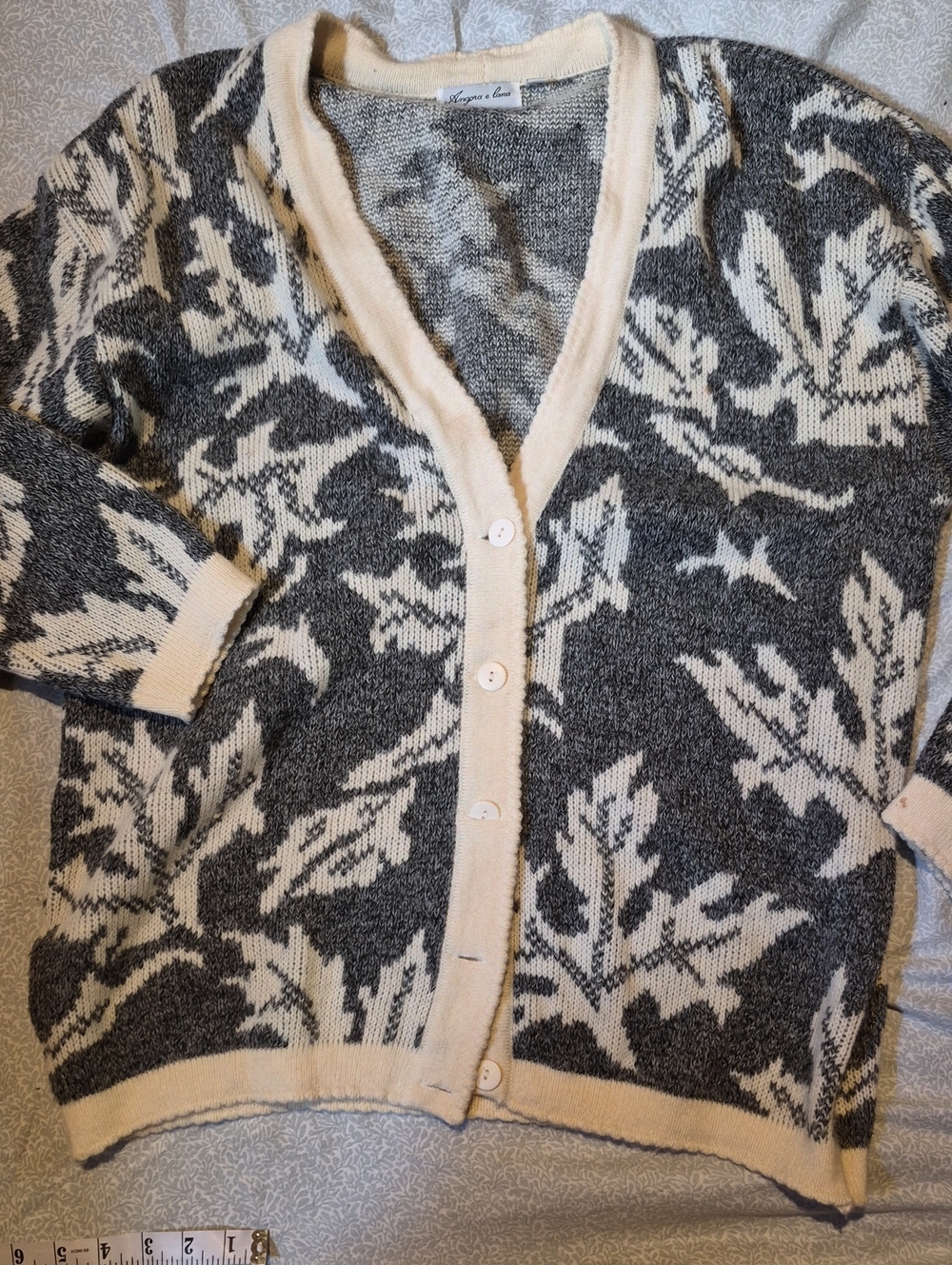Angora E Lana Gray and Cream Floral Knit Cardigan Sweater